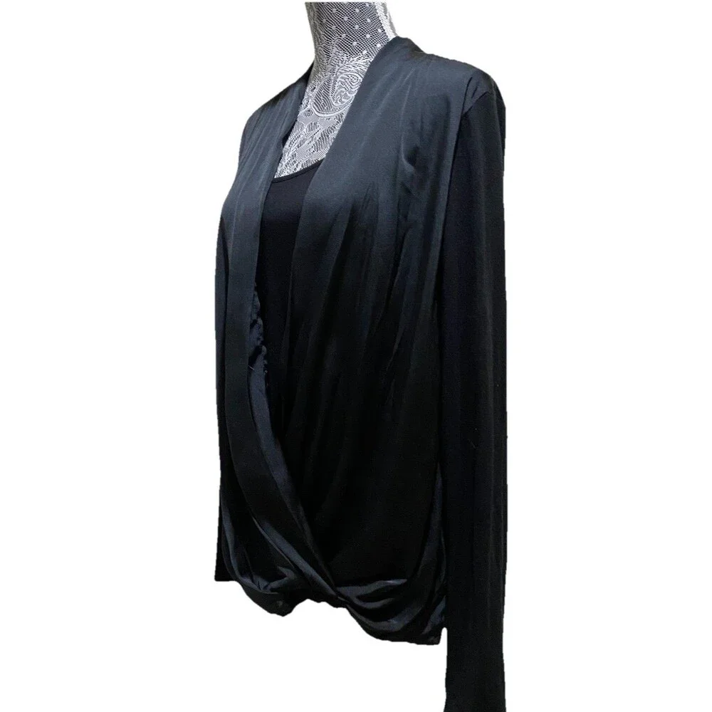 Michael Kors Women L Black Draped Crossover Blouse L/S Surplice Wrap Shirt Top